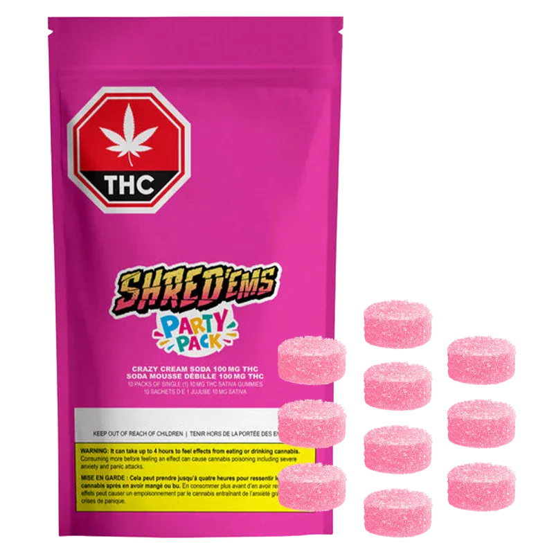 Front-facing bright pink pouch and scattered sugar-coated pink gummies shown for Shred'Ems Crazy Cream Soda Max10 Party Pack Gummies.