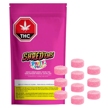 Front-facing bright pink pouch and scattered sugar-coated pink gummies shown for Shred'Ems Crazy Cream Soda Max10 Party Pack Gummies.