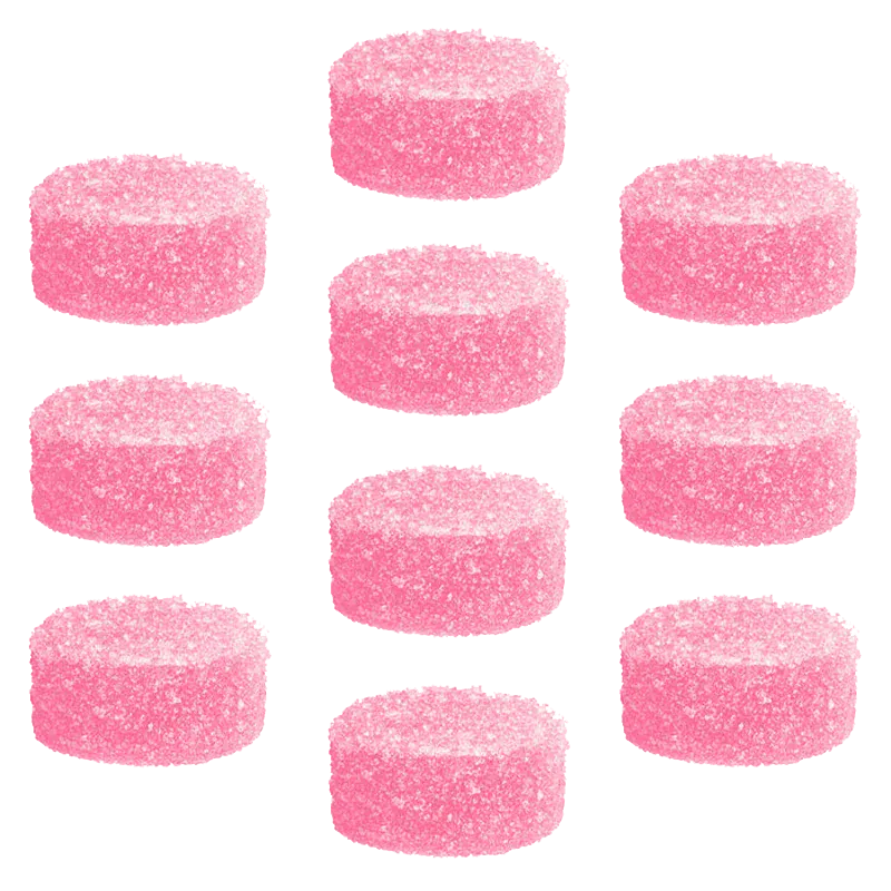 Top-down view of twelve round pink sugar-coated gummies arranged in a grid, Shred'Ems Crazy Cream Soda Max10 Party Pack Gummies
