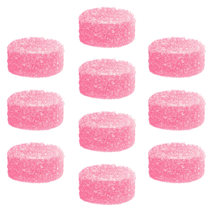 Top-down view of twelve round pink sugar-coated gummies arranged in a grid, Shred'Ems Crazy Cream Soda Max10 Party Pack Gummies