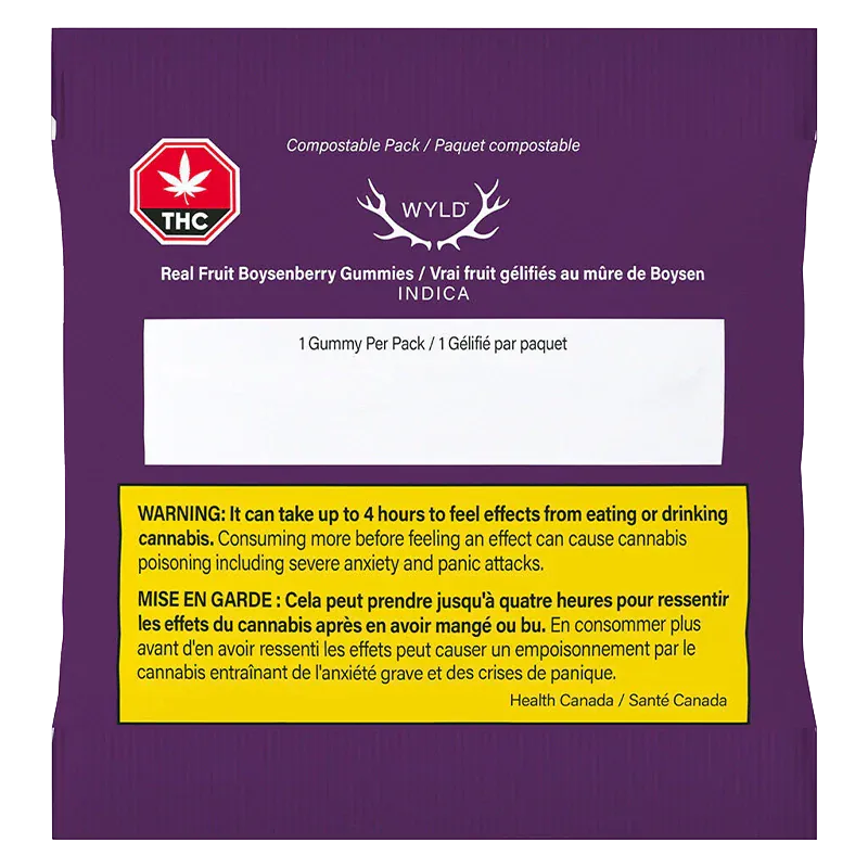 Flat front view of a purple pouch labeled Wyld Boysenberry 2:1:1 CBD:THC:CBN Gummies with a white address panel and a yellow warning box.