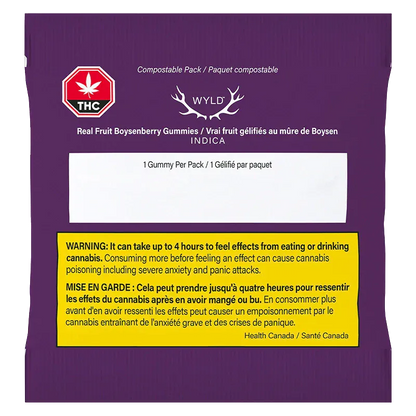 Flat front view of a purple pouch labeled Wyld Boysenberry 2:1:1 CBD:THC:CBN Gummies with a white address panel and a yellow warning box.