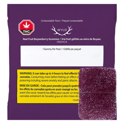 Front-facing shot of the Boysenberry 2:1:1 CBD:THC:CBN Gummies 10 Pack pouch in deep purple with a single sugar-coated square gummy partly overlaying the lower right.