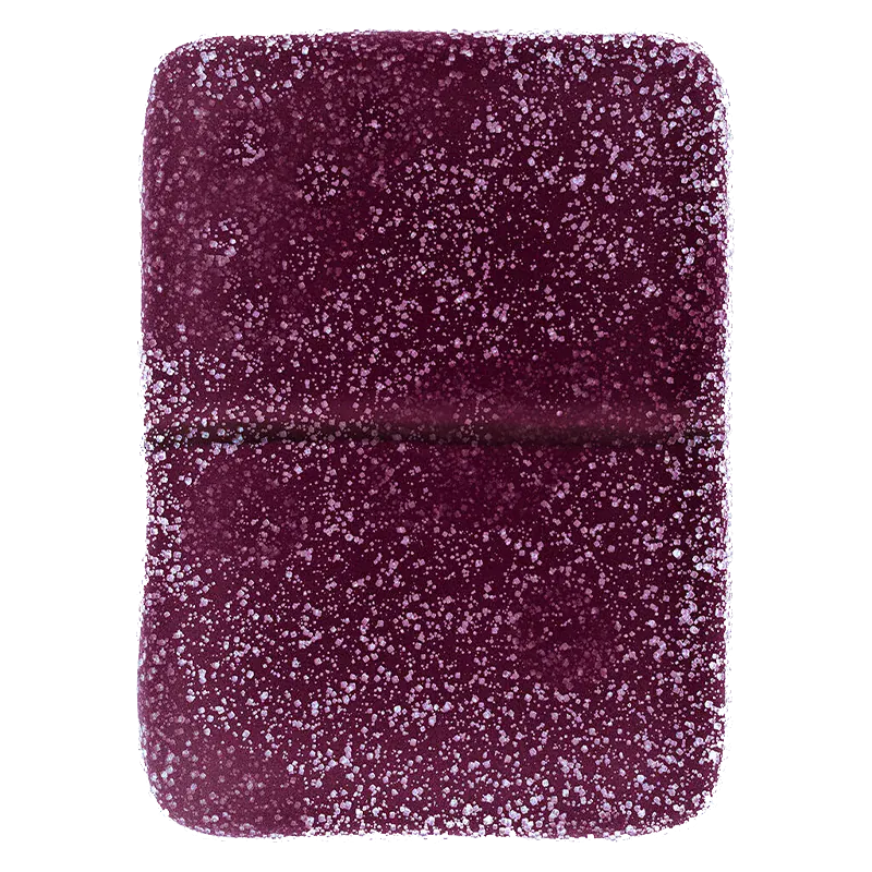 Top-down close-up of a sugar-coated, rectangular Boysenberry 2:1:1 CBD:THC:CBN Gummies piece in deep purple with a centered score line.