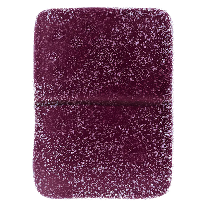 Top-down close-up of a sugar-coated, rectangular Boysenberry 2:1:1 CBD:THC:CBN Gummies piece in deep purple with a centered score line.