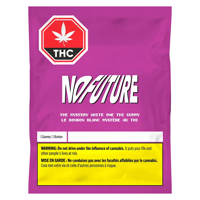 Front-facing shot of a magenta bag labeled No Future with the full product name The Mystery White One THC Gummies and a THC stop-sign logo.