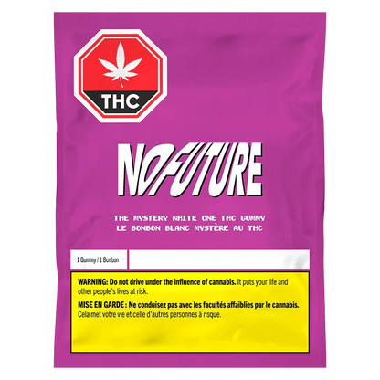 Front-facing shot of a magenta bag labeled No Future with the full product name The Mystery White One THC Gummies and a THC stop-sign logo.