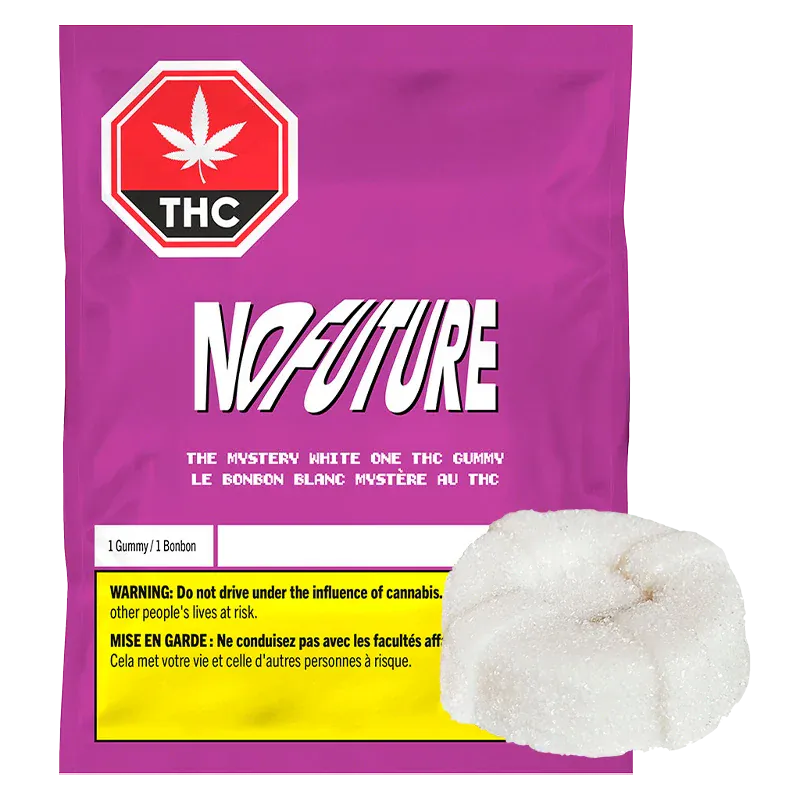 Front-facing shot of the magenta pouch and a single sugar-coated gummy for The Mystery White One THC Gummies.