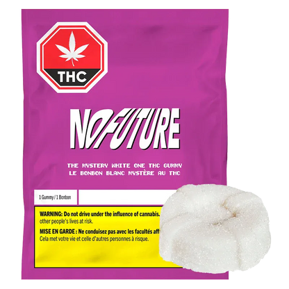 Front-facing shot of the magenta pouch and a single sugar-coated gummy for The Mystery White One THC Gummies.