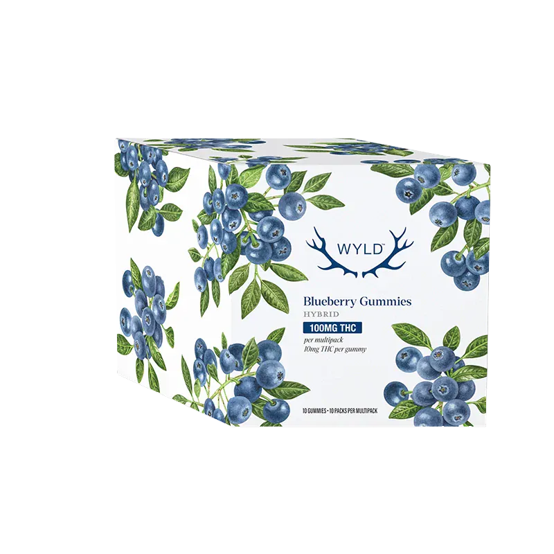 Front three-quarter view of the WYLD Blueberry THC Gummies box with watercolor blueberry sprigs on a white background.