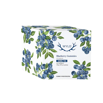Front three-quarter view of the WYLD Blueberry THC Gummies box with watercolor blueberry sprigs on a white background.