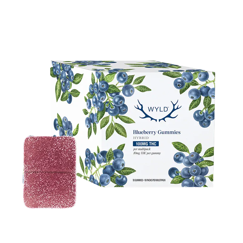 Angled box shot of the WYLD Blueberry THC Gummies 10 Pack with watercolor blueberry illustrations and a single sugar-coated square gummy in front