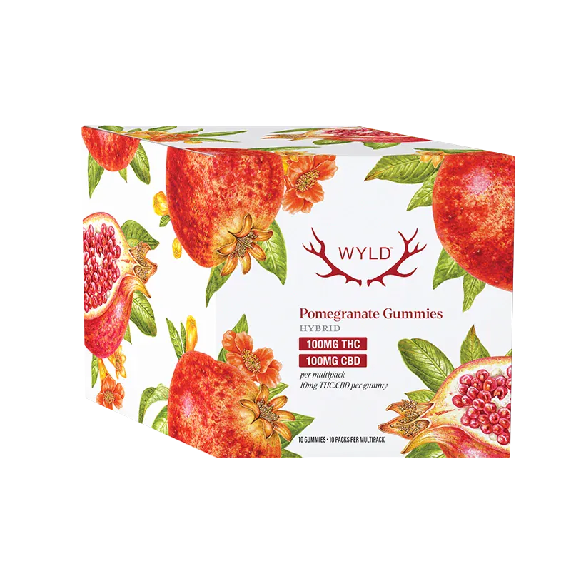 Angled front view of the WYLD Pomegranate 1:1 THC:CBD Gummies box with watercolor pomegranate illustrations on a white background.