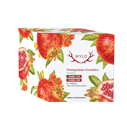 Angled front view of the WYLD Pomegranate 1:1 THC:CBD Gummies box with watercolor pomegranate illustrations on a white background.