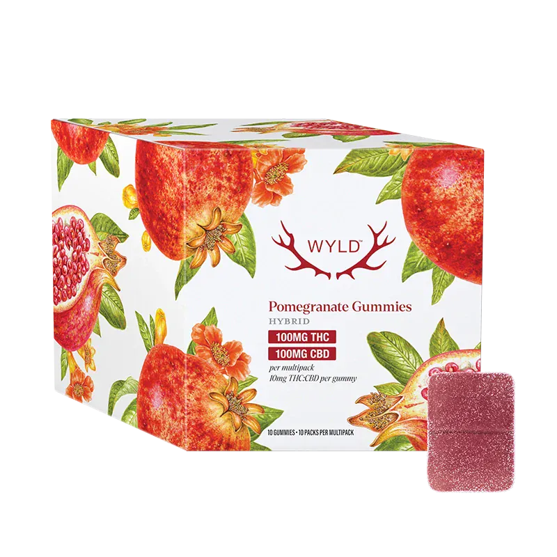 Angled front view of the WYLD Pomegranate 1:1 THC:CBD Gummies box with watercolor pomegranate illustrations and a sugar-coated square gummy beside it.