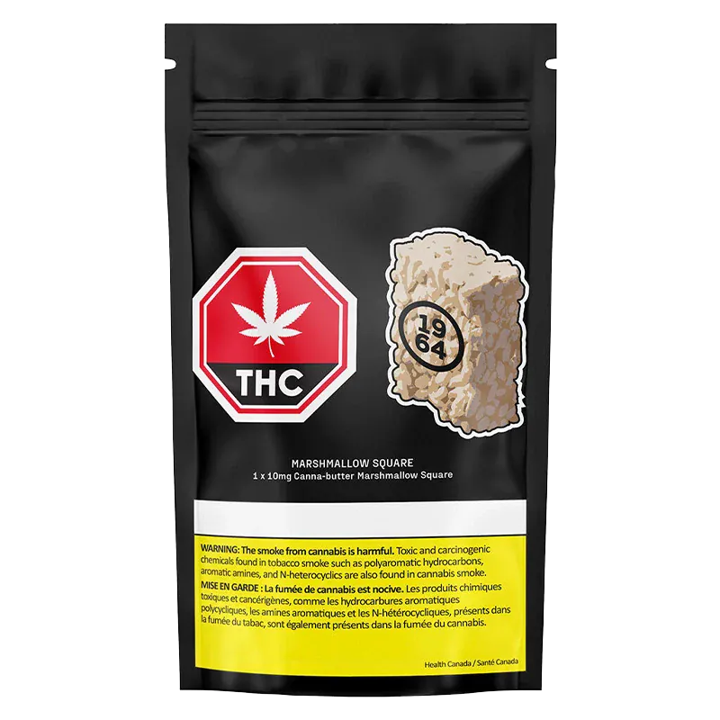 Front-facing image of the Marshmallow Square black resealable pouch showing a THC warning symbol and a marshmallow square sticker.
