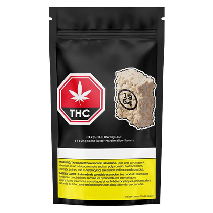 Front-facing image of the Marshmallow Square black resealable pouch showing a THC warning symbol and a marshmallow square sticker.