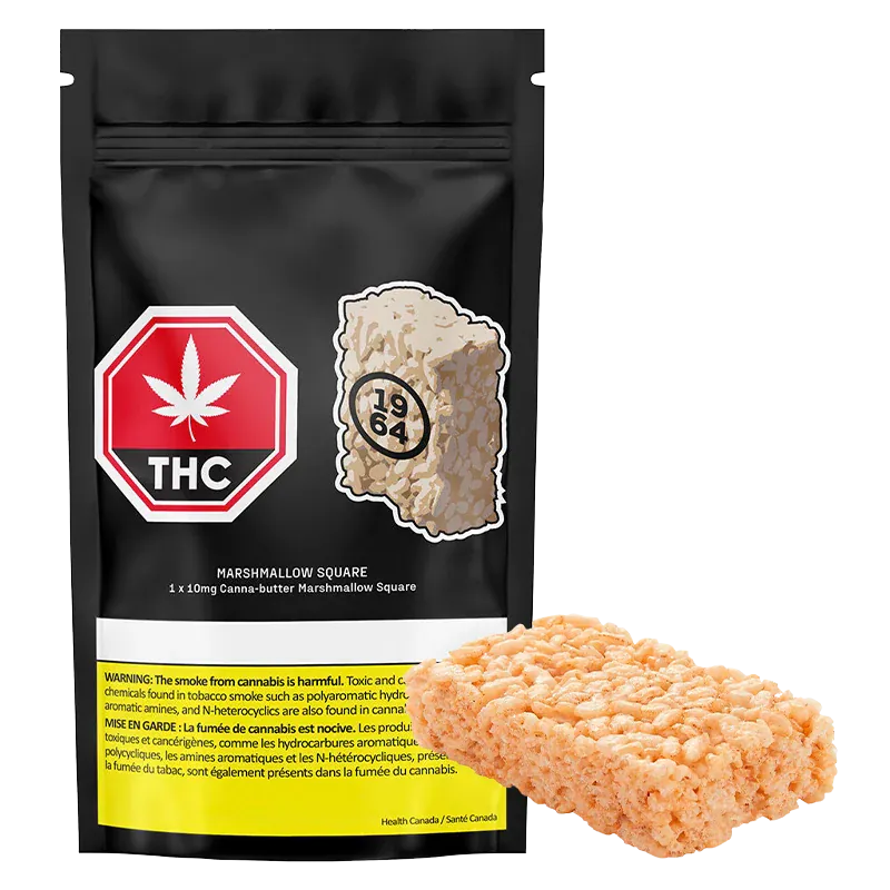 Front view of the Marshmallow Square package with a red THC stop sign graphic and a single square treat placed beside it.