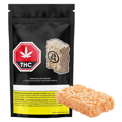 Front view of the Marshmallow Square package with a red THC stop sign graphic and a single square treat placed beside it.