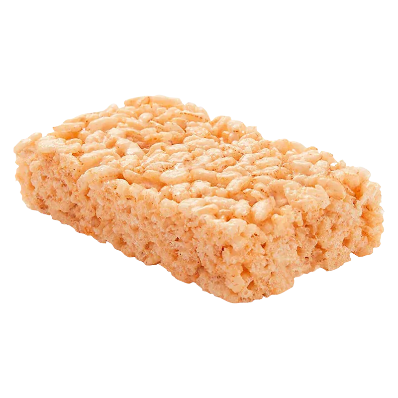 Angled close-up of a peachy rice treat labeled Marshmallow Square, showing its textured puffed rice clusters and glossy binding.