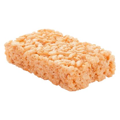 Angled close-up of a peachy rice treat labeled Marshmallow Square, showing its textured puffed rice clusters and glossy binding.