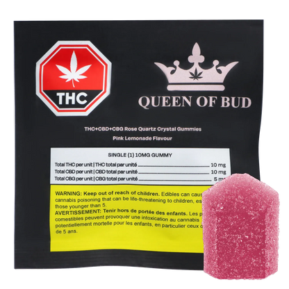 Queen Of Bud 10 Pack THC+CBD+CBG Rose Quartz Crystal Pink Lemonade Gummies Edibles