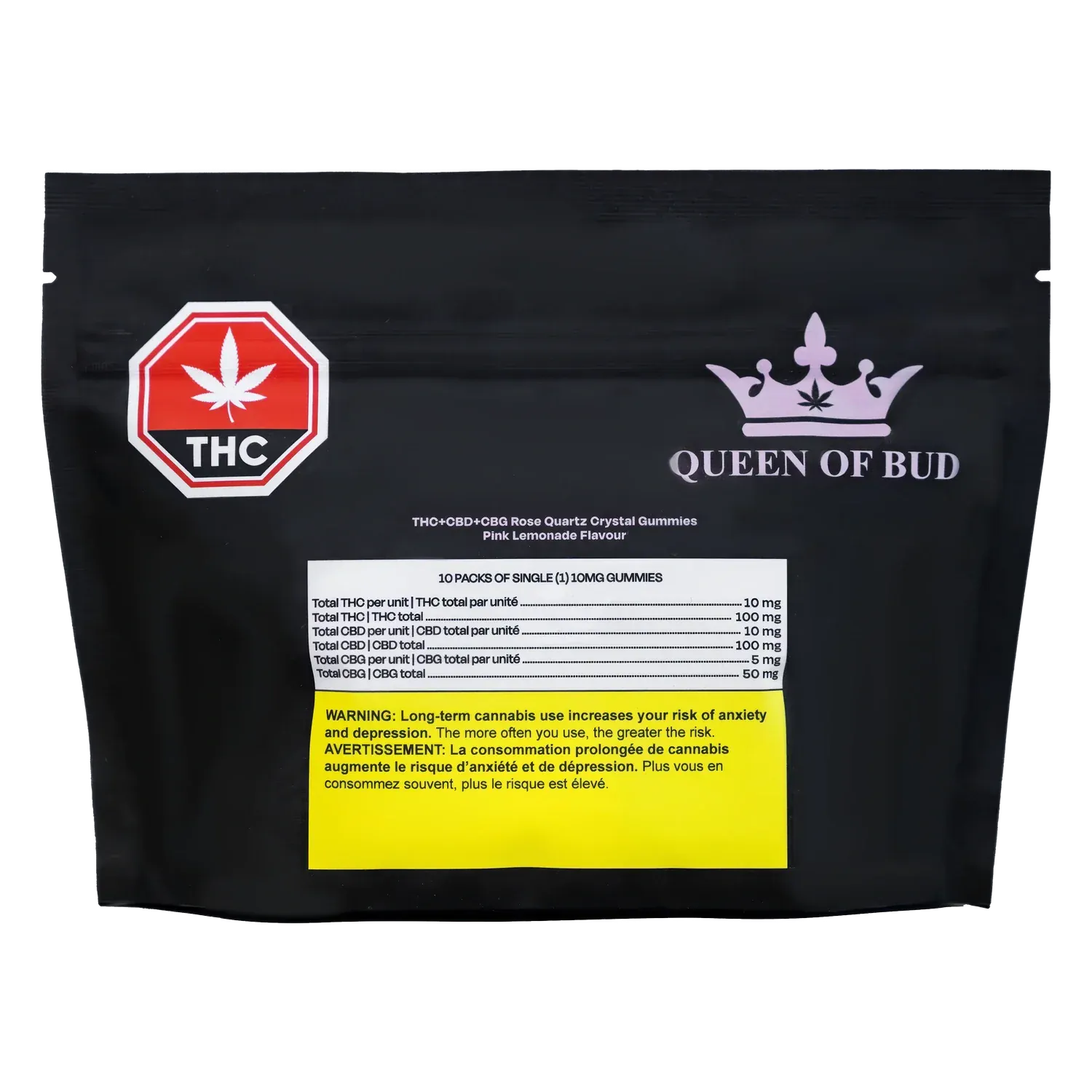 Queen Of Bud 10 Pack THC+CBD+CBG Rose Quartz Crystal Pink Lemonade Gummies Edibles