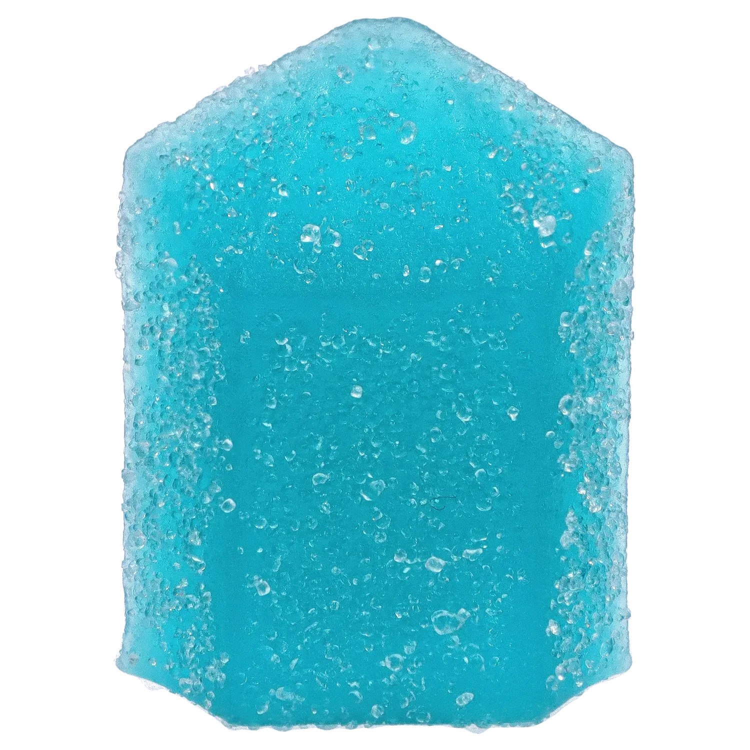 Close-up of a sugar-coated, bright blue gummy in a pentagon shape from THC+CBN Blue Topaz Crystal Blue Raspberry Gummies.