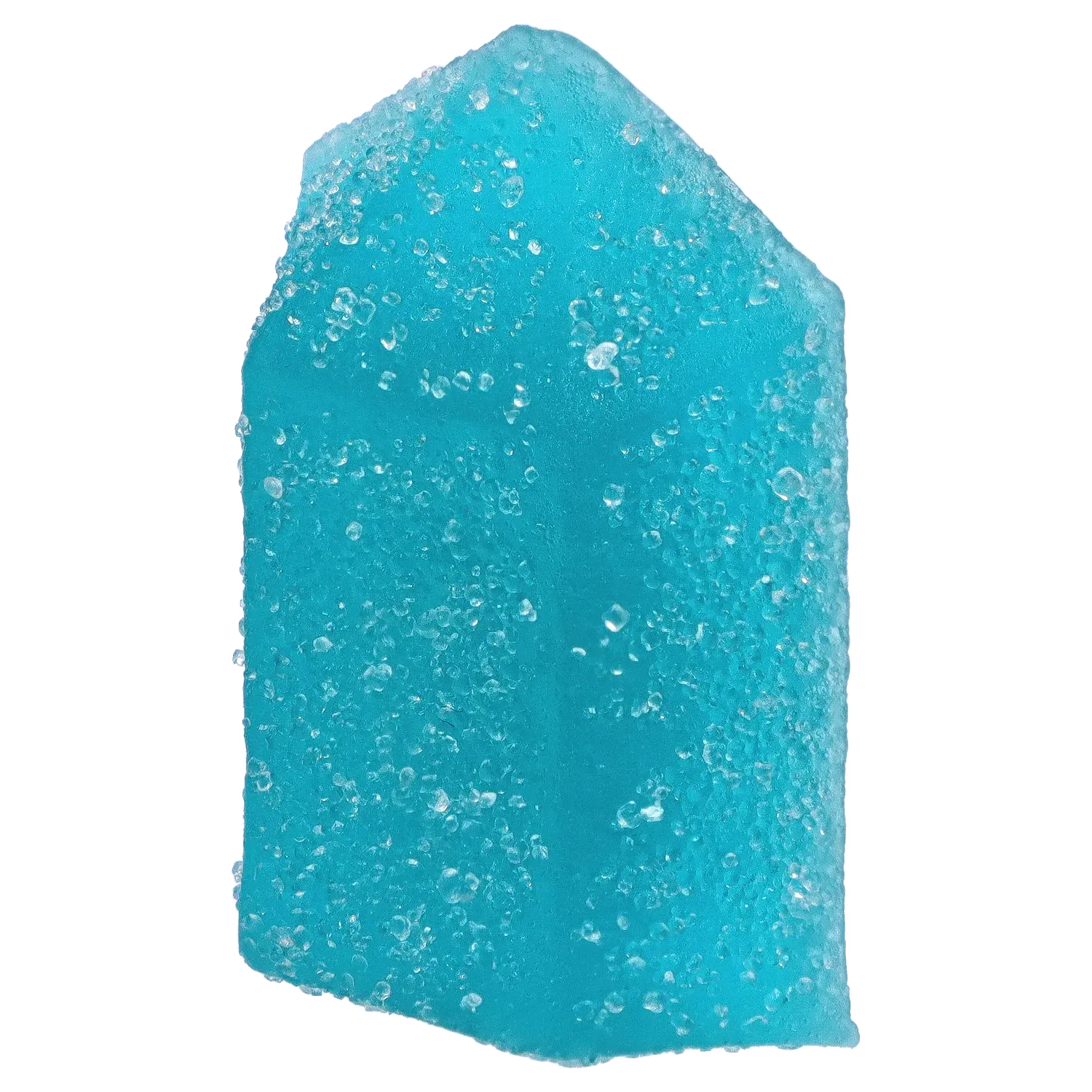 Close-up front view of a sugar-coated blue gummy from THC+CBN Blue Topaz Crystal Blue Raspberry Gummies, showing granular coating and bright teal color.