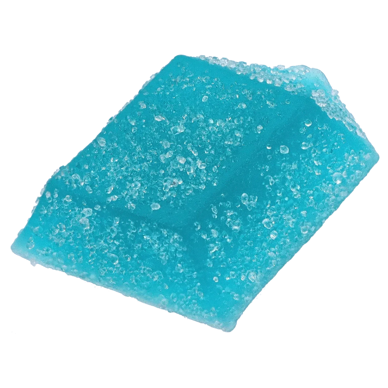 Close-up angled view of a sugar-coated blue gummy from THC+CBN Blue Topaz Crystal Blue Raspberry Gummies, showing crystalline sugar granules on a bright turquoise surface
