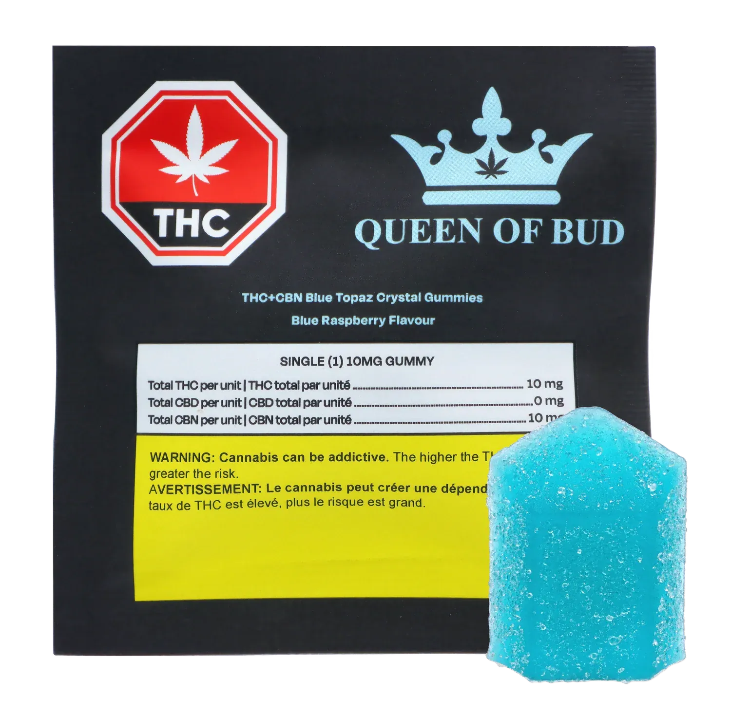 Front view of the Queen of Bud THC+CBN Blue Topaz Crystal Blue Raspberry Gummies package with a blue sugar-coated gummy visible at the lower right.