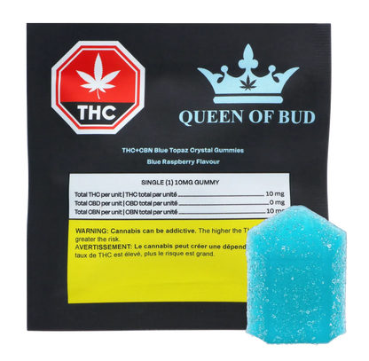 Front view of the Queen of Bud THC+CBN Blue Topaz Crystal Blue Raspberry Gummies package with a blue sugar-coated gummy visible at the lower right.
