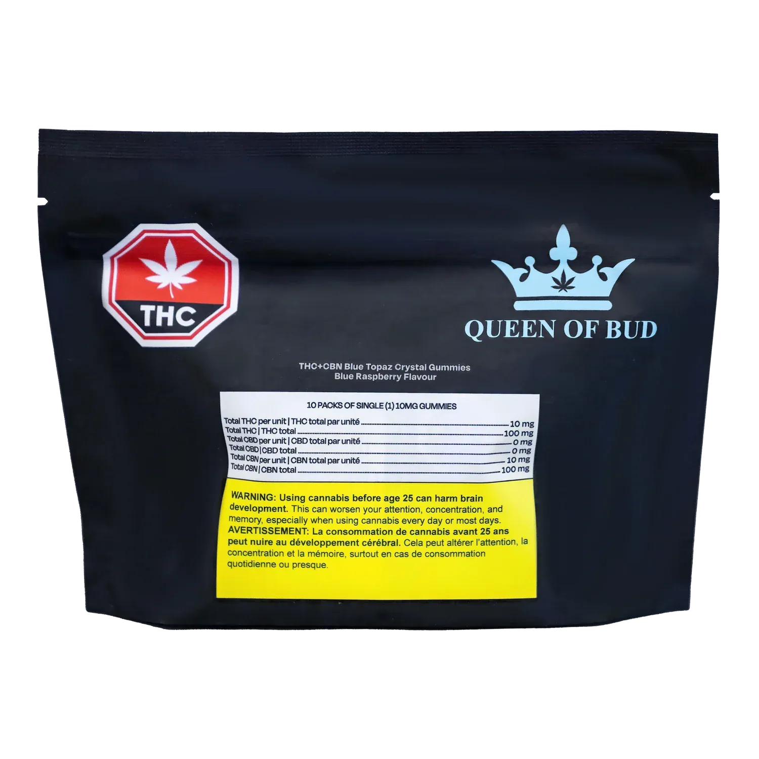Centered front view of a black pouch labeled "THC+CBN Blue Topaz Crystal Blue Raspberry Gummies" with a red THC stop-sign logo, blue "Queen of Bud" crown, and a yellow warning panel.