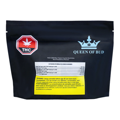 Centered front view of a black pouch labeled "THC+CBN Blue Topaz Crystal Blue Raspberry Gummies" with a red THC stop-sign logo, blue "Queen of Bud" crown, and a yellow warning panel.