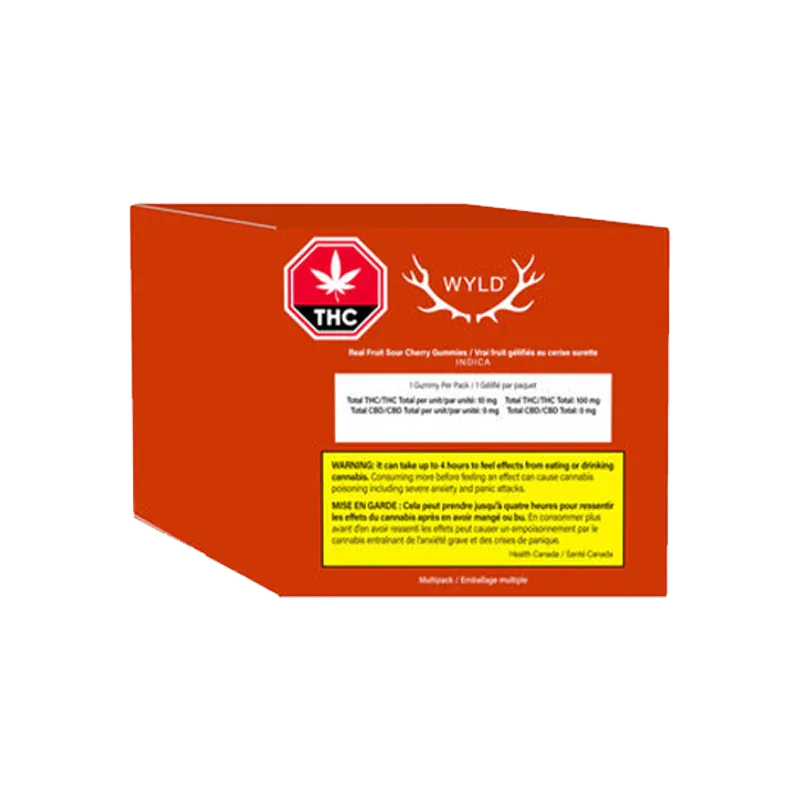 Angled front view of the red package of Real Fruit Sour Cherry Gummies Multipack with a white THC symbol and warning panel visible.