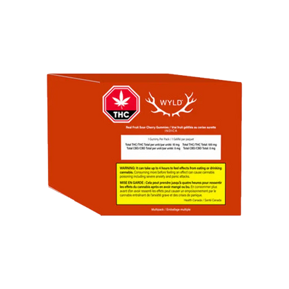Angled front view of the red package of Real Fruit Sour Cherry Gummies Multipack with a white THC symbol and warning panel visible.