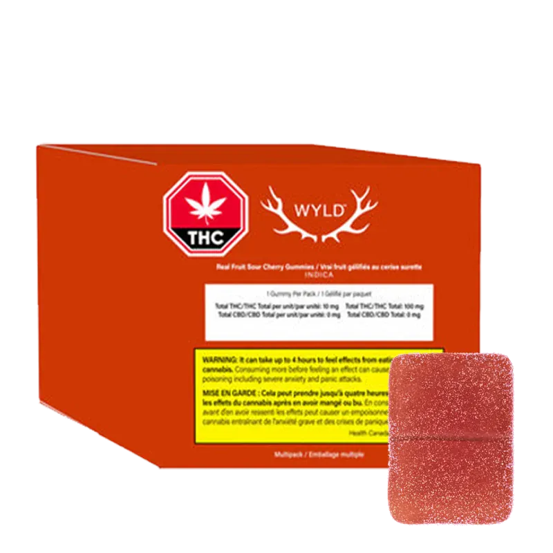 Angled view of a red box and a single sugar-coated gummy showing the Real Fruit Sour Cherry Gummies Multipack packaging and candy.