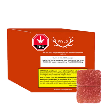 Angled view of a red box and a single sugar-coated gummy showing the Real Fruit Sour Cherry Gummies Multipack packaging and candy.