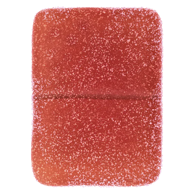 Close-up of a sugar-dusted red square gummy from the Real Fruit Sour Cherry Gummies Multipack, shot straight-on against a white background