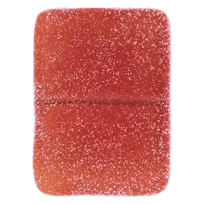 Close-up of a sugar-dusted red square gummy from the Real Fruit Sour Cherry Gummies Multipack, shot straight-on against a white background