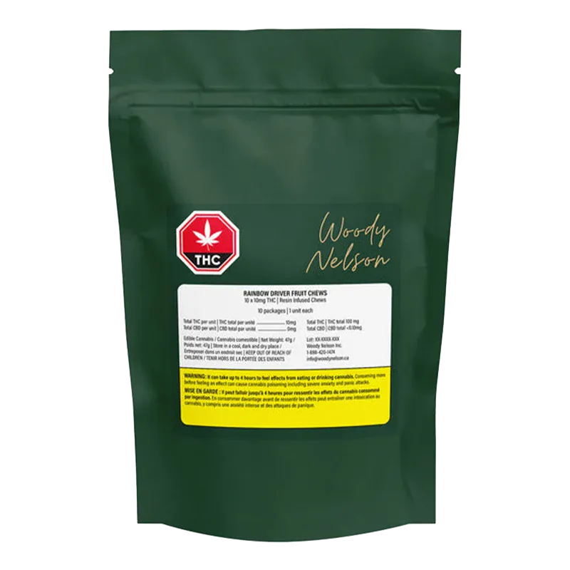 Front-facing pouch of Rainbow Driver Cured Resin Fruit Gummies in dark green packaging with a red THC symbol and white product label.