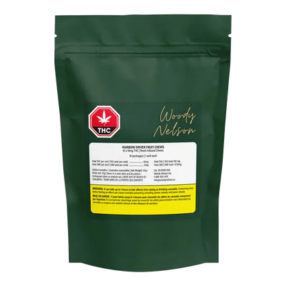 Front-facing pouch of Rainbow Driver Cured Resin Fruit Gummies in dark green packaging with a red THC symbol and white product label.