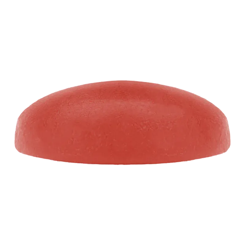 Close-up front view of a single rounded red Rainbow Driver Cured Resin Fruit Gummies piece against a white background.