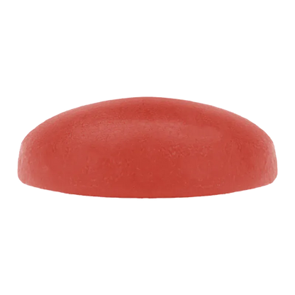 Close-up front view of a single rounded red Rainbow Driver Cured Resin Fruit Gummies piece against a white background.