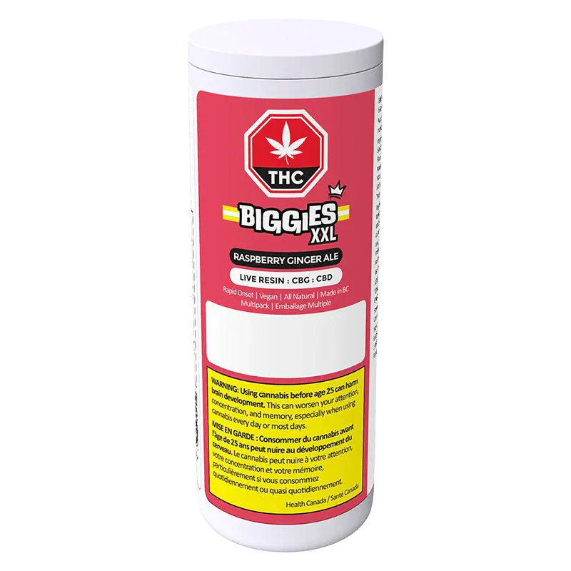 Tall front-facing white canister labeled "Raspberry Ginger Ale Live Resin Gummies" with a red Biggies XXL logo and yellow warning panel.