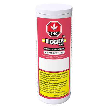 Tall front-facing white canister labeled "Raspberry Ginger Ale Live Resin Gummies" with a red Biggies XXL logo and yellow warning panel.