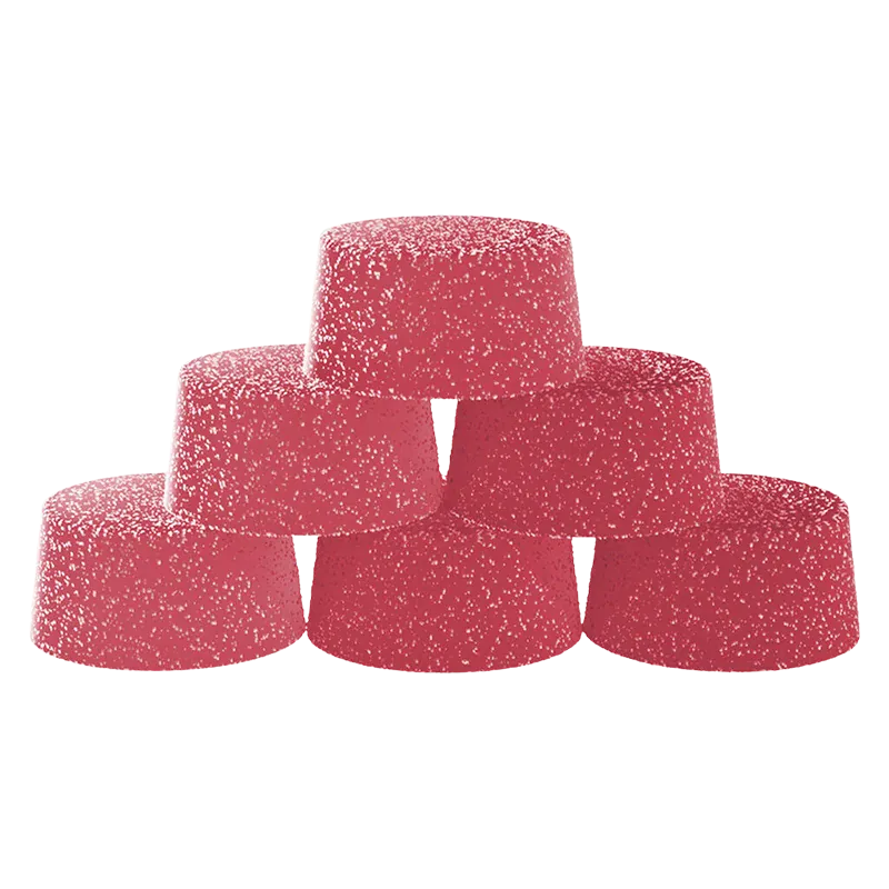 Stacked pyramid of six sugar-coated pink Raspberry Ginger Ale Live Resin Gummies shown from a low front angle against a white background.