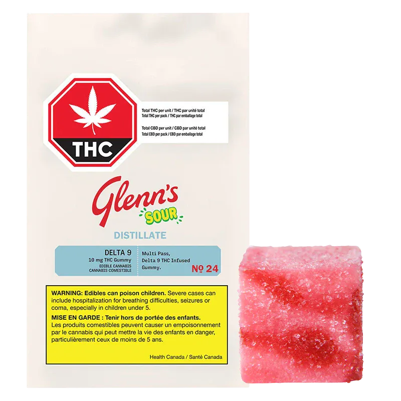 Front-facing image of a white pouch and a sugar-coated pink square gummy beside it labeled No. 24 True Hybrid Resin Sour Cherry.