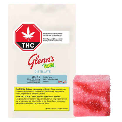 Front-facing image of a white pouch and a sugar-coated pink square gummy beside it labeled No. 24 True Hybrid Resin Sour Cherry.