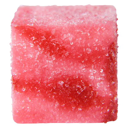 Top-down close-up of a sugar-coated pink cube candy, No. 24 True Hybrid Resin Sour Cherry, showing crystalline granules and subtle darker cherry swirls